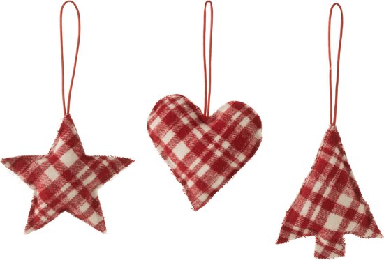 J-Line Kersthanger hart & ster & kerstboom - textiel - rood & wit - 3 stuks - kerstboomversiering
