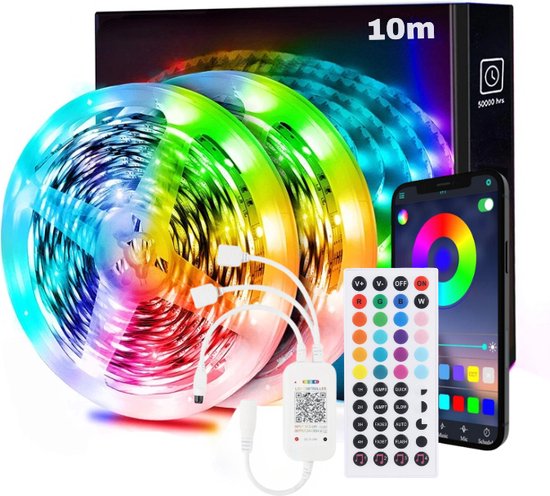 LED Strip 10 Meter (2x5) - Bluetooth RGB Verlichting - Eenvoudig Knipbaar - Muzieksynchronisatie - Dimbaar - 300 LEDs - Met 44 Toetsen Afstandsbediening - Voor Kamerverlichting, Gaming, Kerstdecoratie & TV - Zelfklevende Strips