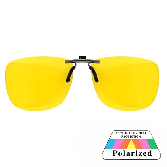 Gele clip-on zonnebril met '100% ULTRA VIOLET PROTECTION Polarized' logo.