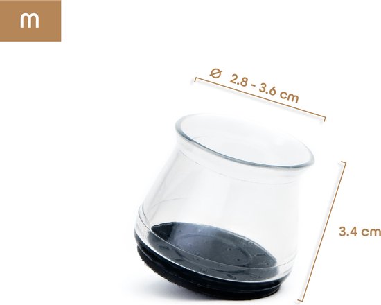 Transparante stoelpootbeschermer, maat M, met afmetingen diameter 2.8-3.6cm en hoogte 3.4cm.