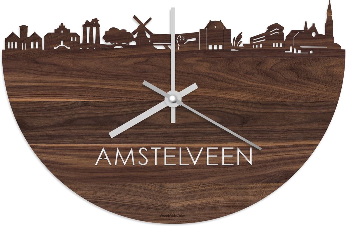 Skyline Klok Amstelveen Notenhout - Ø 40 cm - Stil uurwerk - Wanddecoratie - Meer steden beschikbaar - Woonkamer idee - Woondecoratie - City Art - Steden kunst - Cadeau voor hem - Cadeau voor haar - Jubileum - Trouwerij - Housewarming -