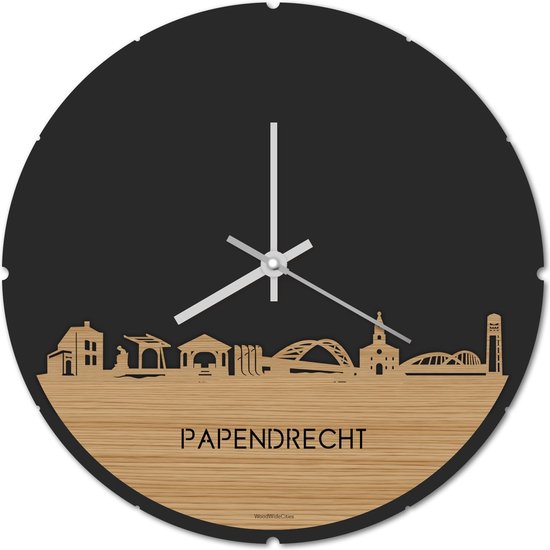 Skyline Klok Rond Papendrecht Bamboe hout - Ø 44 cm - Stil uurwerk - Wanddecoratie - Meer steden beschikbaar - Woonkamer idee - Woondecoratie - City Art - Steden kunst - Cadeau voor hem - Cadeau voor haar - Jubileum - Trouwerij - Housewarming -