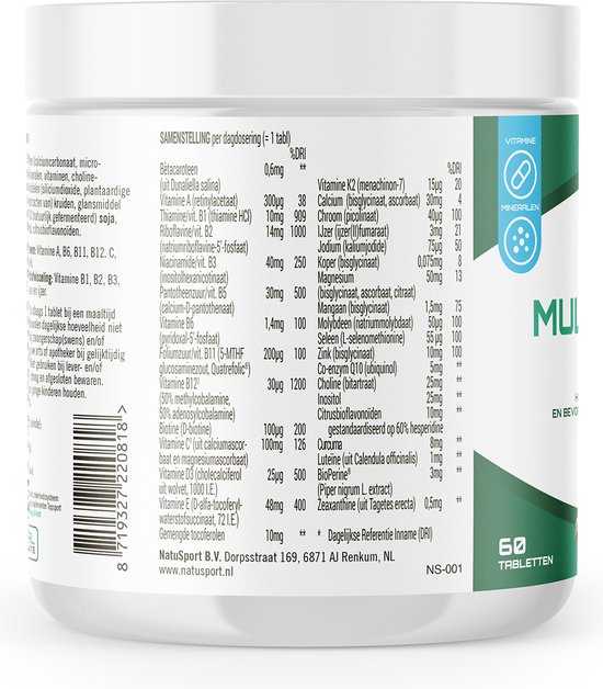 Witte pot met etiket, informatie in het Nederlands. Bevat een ingrediëntenlijst en de samenstelling per dagdosering.