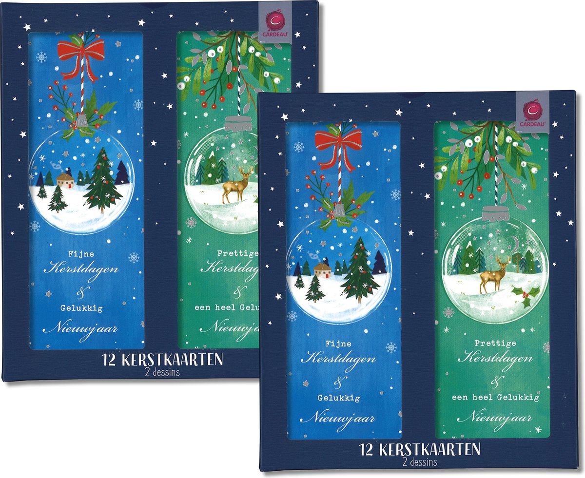 Cardeau - 24 dubbele Kerstkaarten en Nieuwjaarskaarten - 2 doosjes - 2 motieven - Foliedruk - 8 x 20 cm