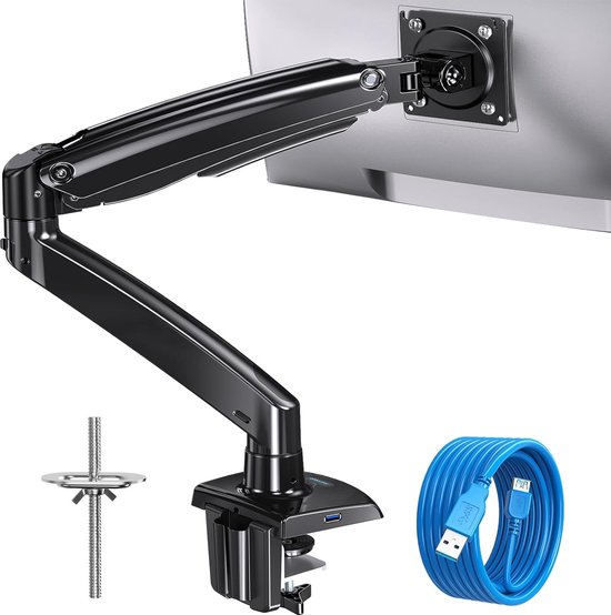 Bol.com Flexibele Enkele Monitorarm met Gasveer en USB Kabels - VESA 75/100 mm 12 KG - 2 Montage-opties aanbieding