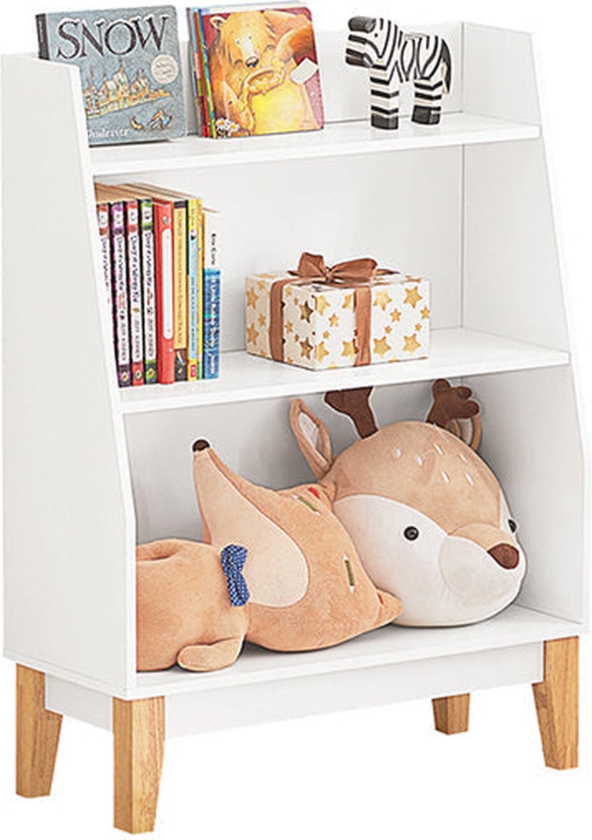 Kinderboekenplank - Speelgoedopbergrek - Kinderorganizer - Wit MDF en grenen - Veiligheid Anti-Tip - Stevige constructie - 60 cm x 80 cm x 25 cm