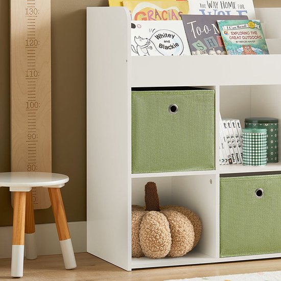 Bibliothèque pour enfants Rootz avec 2 boîtes en tissu - Étagère à jouets - Support de rangement - Construction en MDF - Verrouillage d'inclinaison mural - Conception peu encombrante - 60 cm x 36 cm x 20 cm