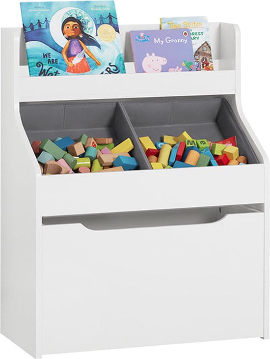 Rootz Kinderboekenplank met speelgoedkist - Opbergorganisator - Kinderboekenkast - MDF en stoffen constructie - Eenvoudige montage - 63 cm x 80 cm x 32 cm