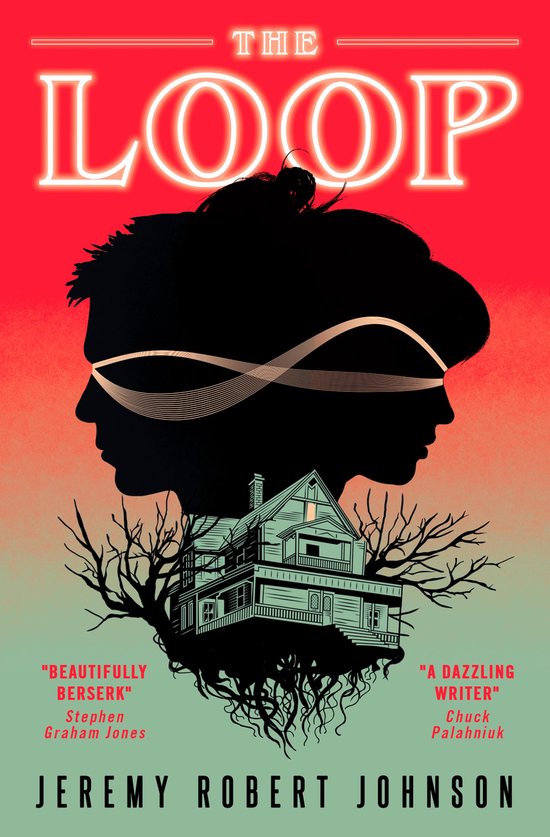 Boekomslag van "The Loop" met neonletters, profielen van twee hoofden, een huis en citaten.