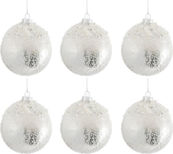 J-Line Doos Van 6 Kerstbal Pearl Glas Antiek Zilver/Wit Small