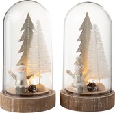 J-Line decoratie Stolp Kerst - hout - zilver/wit - large - LED lichtjes - 2 stuks