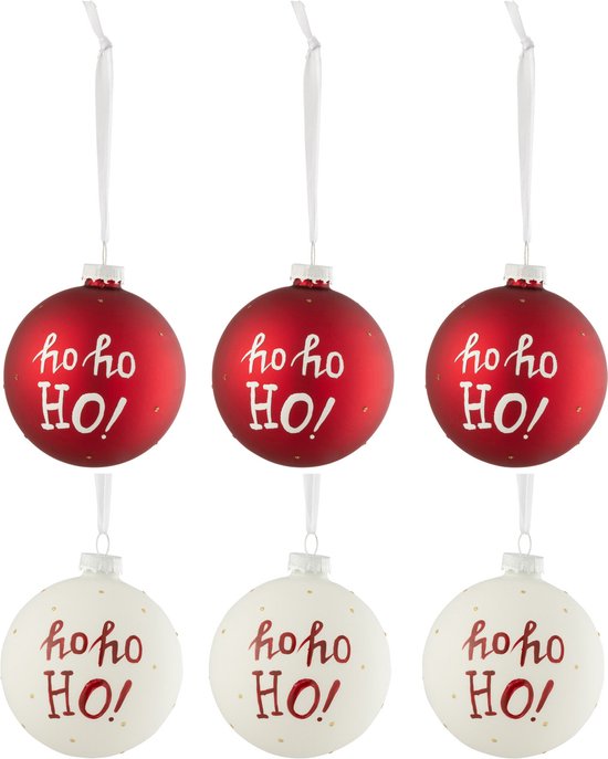 J-Line Kerstballen Hohoho! - glas - wit & rood - doos van 6 stuks - kerstboomversiering