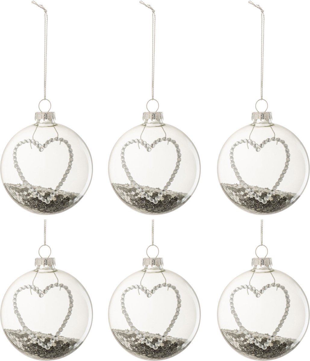 J-Line kerstbal Hart Strass Zilver Sterretjes - glas - small - doos van 6