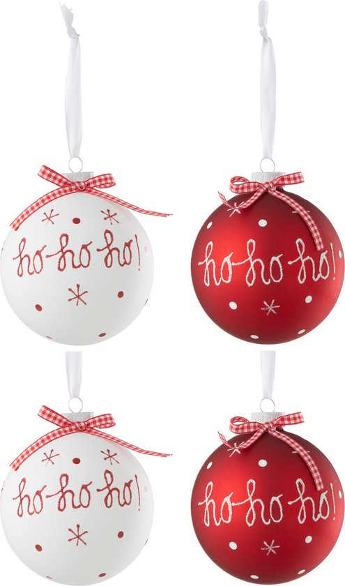 J-Line boule de Noël Hoho+Flocons+Noeud - verre - rouge/blanc - large - boîte de 4
