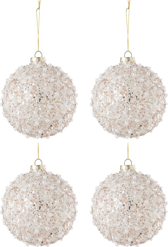 J-Line Kerstballen - glas & parels - wit & glitter - 4 stuks - kerstboomversiering
