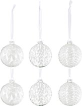 J-Line Doos Van 6 Kerstbal 2+2+2 Bladeren Pailletten Glas Wit Small