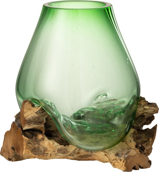 J-Line Vase Sur Pied Gamal Bois/Verre Recyclé Naturel/Vert Large
