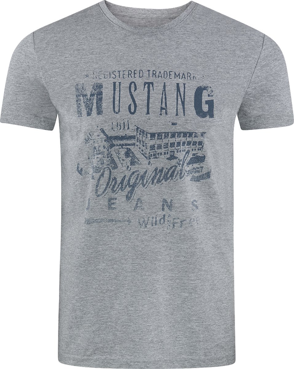 Mustang Heren T-Shirt Basic Print Tee regular fit Grijs XL Ronde Hals Volwassenen Opdruk Print Shirts