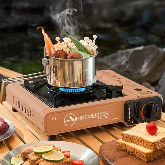 Hikemeister ® camping kooktoestel 1 pit 2200 KW draagbaar - Peach – Inclusief 8 gasbussen - met Nederlandse beschrijving en CE – Butaangas Gasstel Gasfornuis Gaspit - Campingkooktoestel Gas Kookplaat - Met Koffer — afbeelding 5