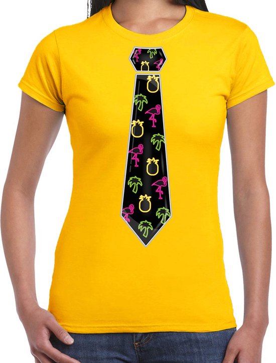 Bellatio Decorations Tropical party shirt dames - stropdas - geel - neon - carnaval - themafeest XXL