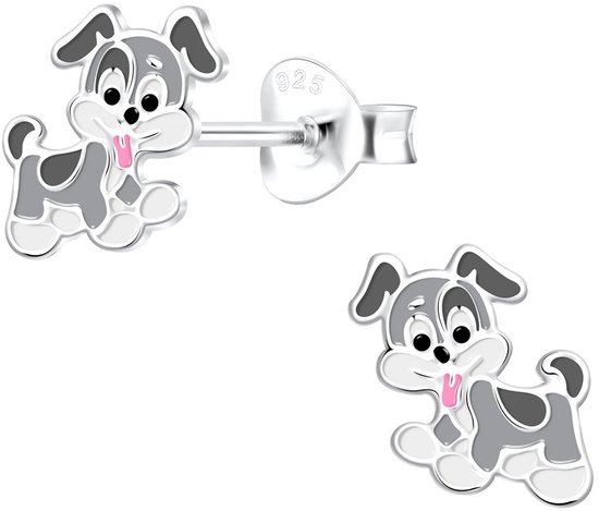 Joy|S - Zilveren hond oorbellen - 8 mm - grijs wit - kinderoorbellen
