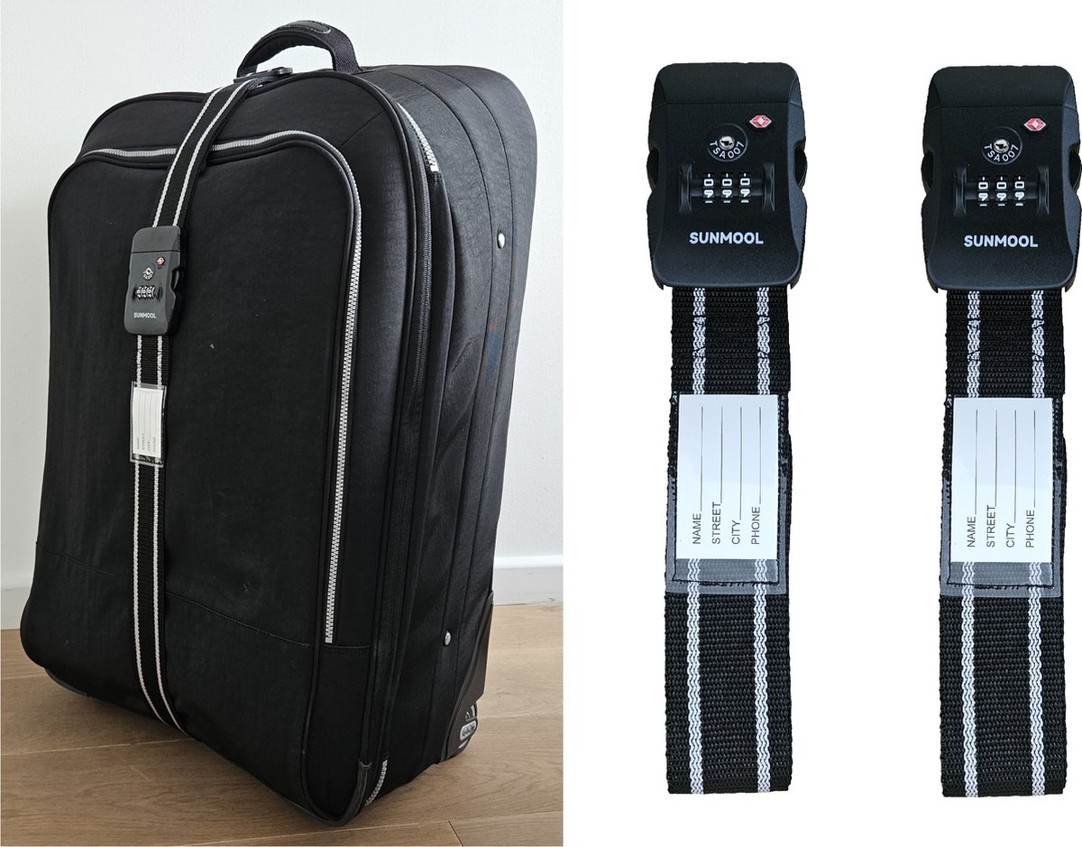 Bol.com SUNMOOL Kofferriem met TSA Cijfer Slot - Bagage Riem - Luggage Strap - 200 cm - Zwart - 2 Stuks aanbieding
