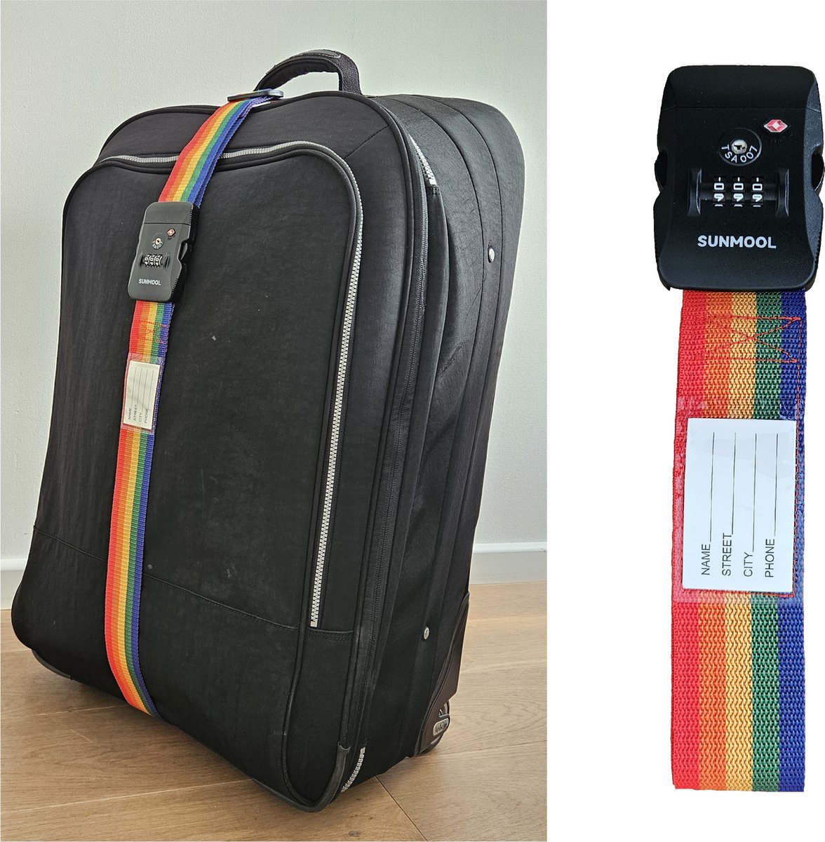 Bol.com SUNMOOL Kofferriem met TSA Cijfer Slot - Bagage Riem - Luggage Strap - 200 cm - Regenboog - Regenboog - 1 Stuk aanbieding