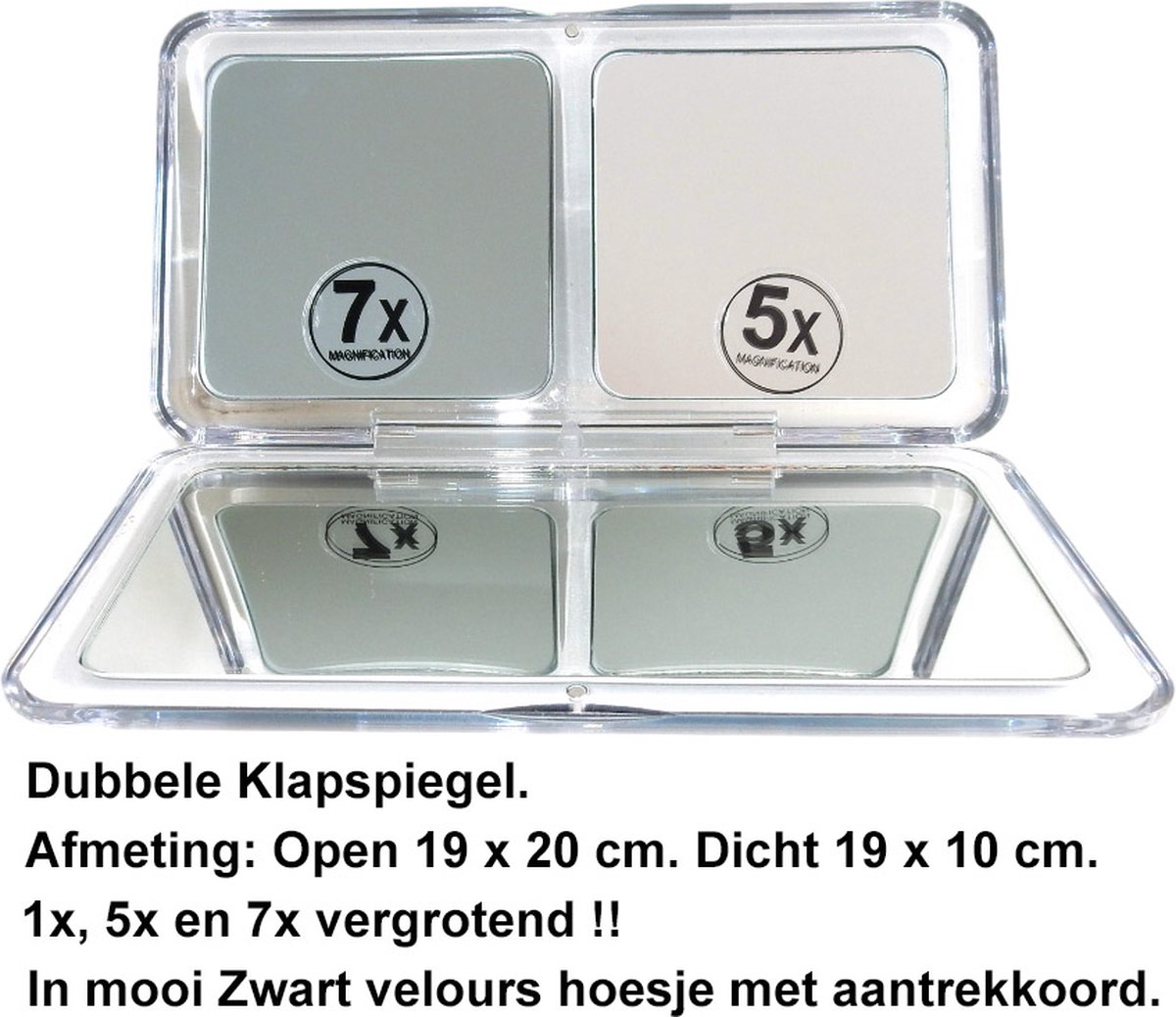 Goedkoopste Rojafit Acrylence - Make up Klap Spiegel - 19 x 10 cm dichtgeklapt - 3 Spiegels 1x , 5x en 7x vergrotend!! - Acryl – Transparant.- met luxe zwarte fluwelen hoes .