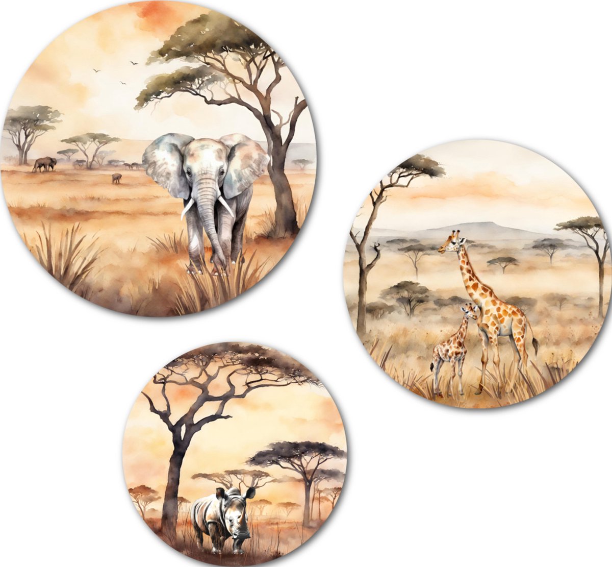 Muurcirkel / Wandcirkel Savanne dieren safari middelgroot - set van 3 muurcirkels + ophangsysteem - Decoratie kinderkamer / babykamer jongens & meisjes