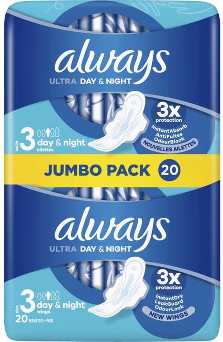 x4 Always Ultra Maandverband Day & Night Met Vleugels 32 Stuks