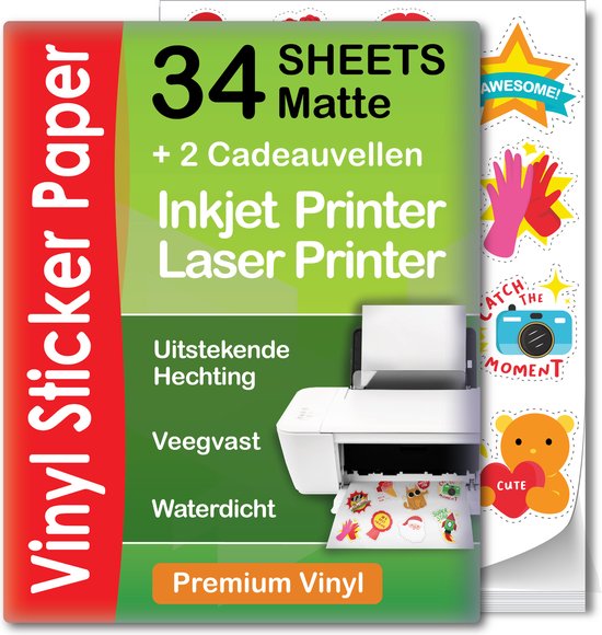 Foto: 34 matte vinyl stickervellen a4 printer paper stickerpapier voor printer incl 2 geschenkvellen inkjet laser printer waterbestendig scheurbestendig sneldrogend sticker printer papier sticker papier stickerpapier a4