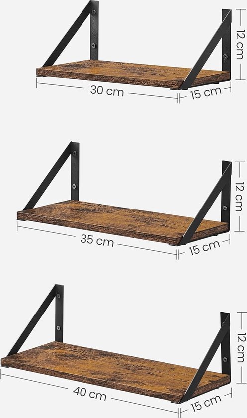 Wandplank, set van 3, zwevende plank, hoogglans afwerking, voor decoratieve voorwerpen, fotolijsten, slaapkamer, woonkamer, keuken en badkamer, vintage bruin-zwart