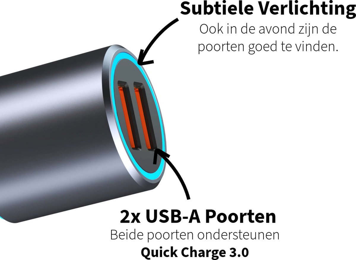 Metalen Autolader met 2 Poorten - Usb Lader - Quick Charge 3.0 - 36w Maximaal Vermogen - Snellader - Voor Draadloos Snelladen Autohouders – foto 2