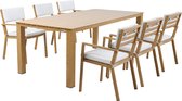 AXI Jada Salon de jardin avec 6 chaises Aspect bois/beige - Structure en aluminium thermolaqué - Chaise avec cordes doubles tressées - Plateau de table en polywood