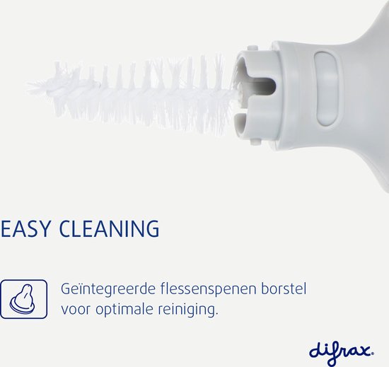 Close-up van de spenenborstel in de houder. "Easy Cleaning" met uitleg over geïntegreerde spenenborstel.
