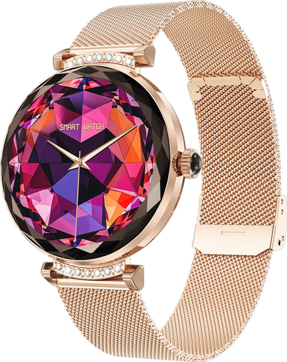 WizBay Premium Select® 1.19inch Smartwatch Dames Heren AMOLED - Android en iOS - Bluetooth Call - Smartwatches - Magnetic Laden - O2 en Bloeddrukmeter - Multiple Sport - Message - Slaap meter - Gold Horlogekast - Gold Band plus Roze TPU Band