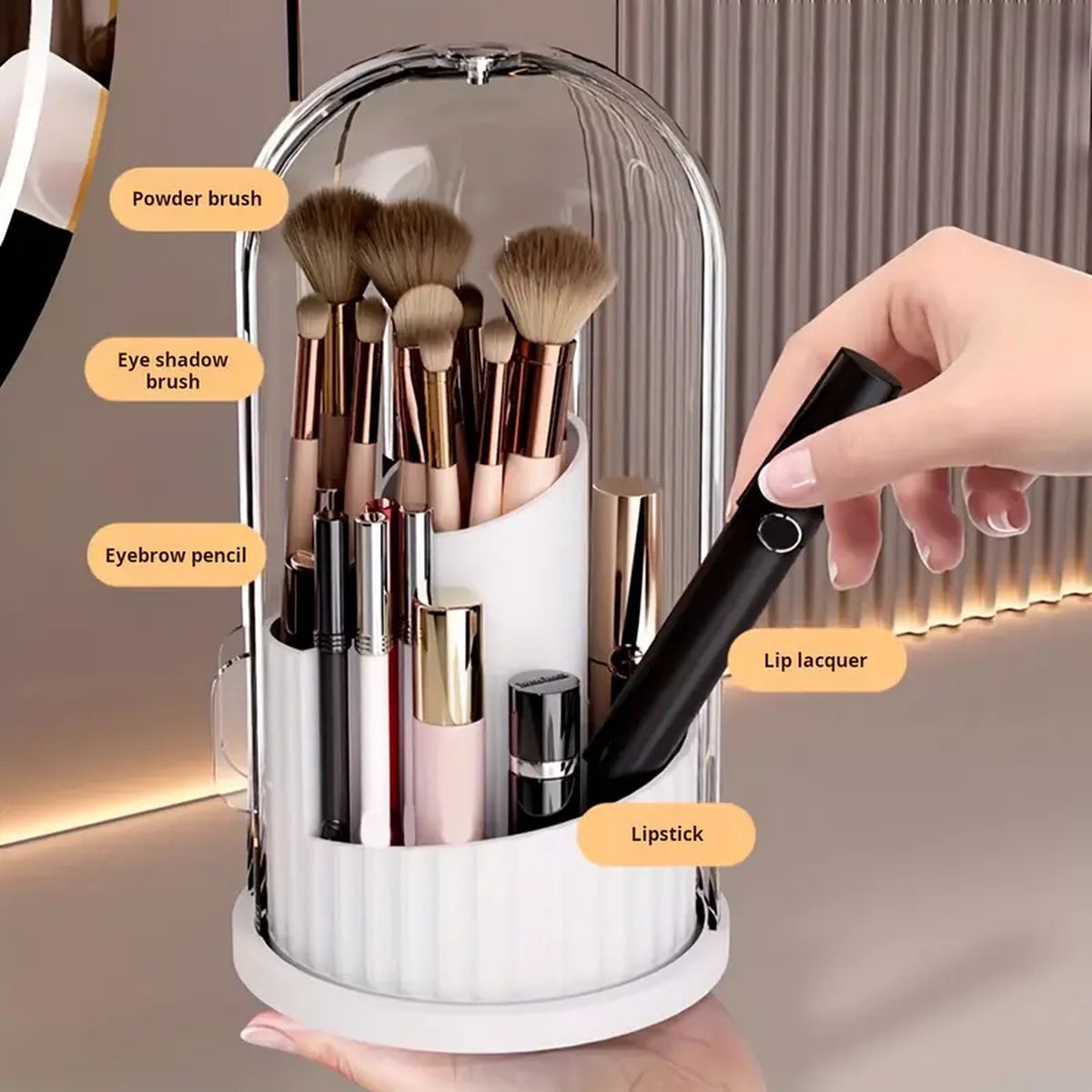 Chique Cosmetica- organizer, 360 graden, draaibare, make-up kwastenhouder. Waterdicht en stofdicht. Decoratieve organizer cosmetica, make-up, kwasten. Badkamer. Kaptafel.