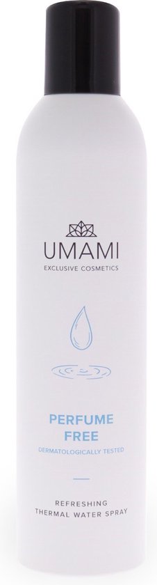 Umami Exclusive Cosmetics: parfumvrije verfrissende thermale waterspray in witte spuitbus met zwarte dop.