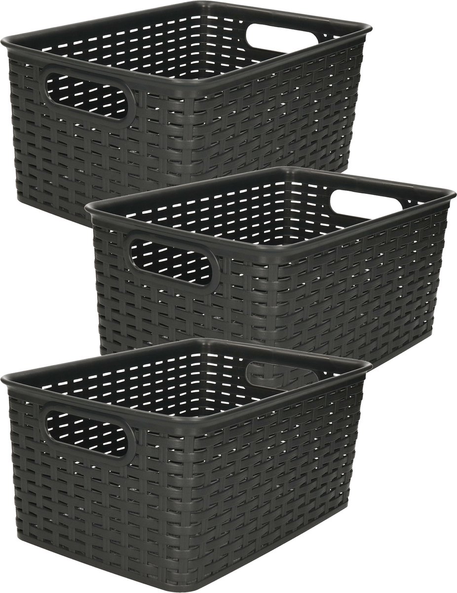 Plasticforte Opbergmand - 3x - Kastmand - rotan kunststof - zwart - 6 Liter - 19 x 29 x 13 cm