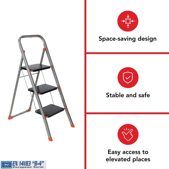 LARS360 Trapladder, 3 treden, inklapbaar, ladder van staal, antislip rubberen matten, verbrede treden, belastbaar tot 270 kg, voor huishouden, kantoor, garage, zwart