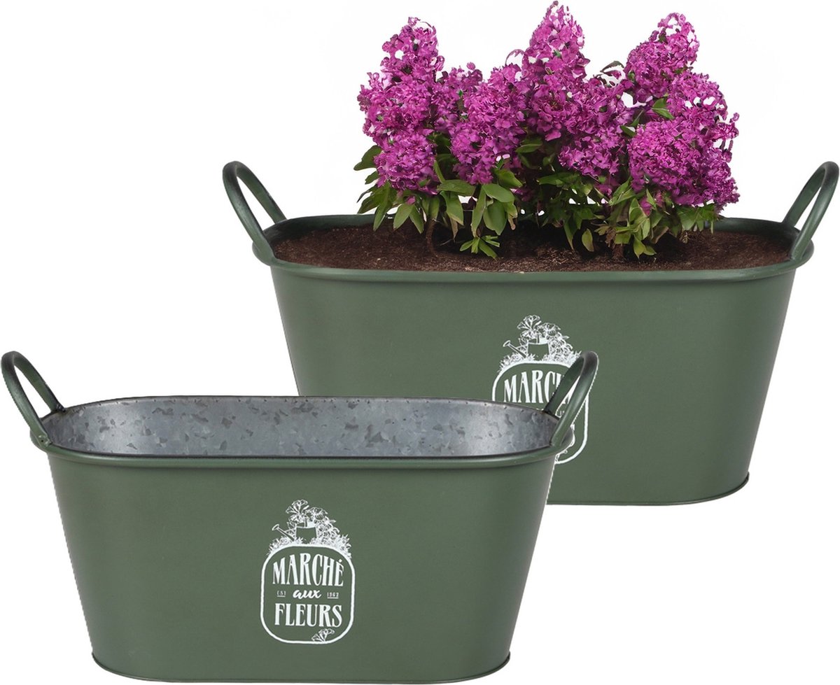 Goedkoopste Sunnydays Teil/plantenpot/bloempot - 2x - zink - legergroen - L39 x B16 x H21 cm