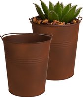 Sunnydays Emmer/plantenpot/bloempot - 2x - zink - roestbruin - D15 x H16 cm
