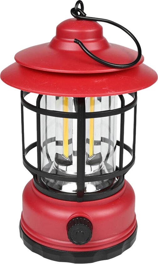 Foto: Benson stormlantaarn rood oplaadbaar dimbaar 17 x 10 cm retro campinglamp