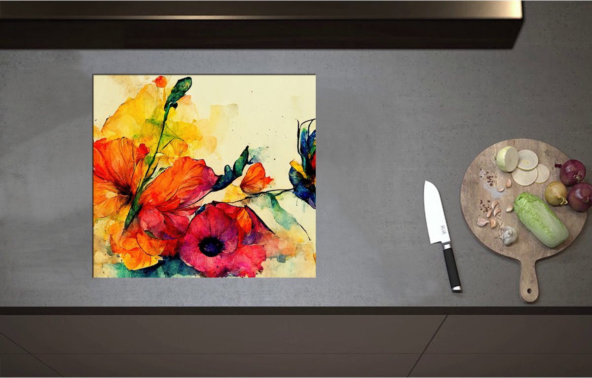 Inductieplaat Beschermer - Abstracte Bloemen in Verschillende Kleuren van Waterverf - 57x52 cm - 2 mm Dik - Inductie Beschermer - Bescherming Inductiekookplaat - Kookplaat Beschermer van Wit Vinyl
