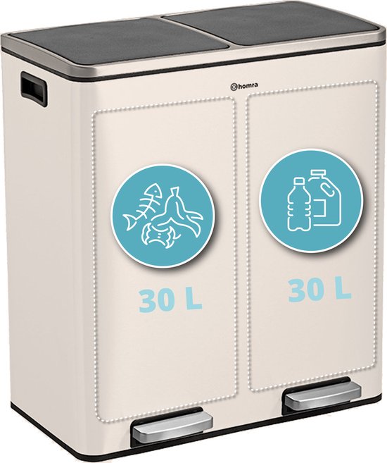 Homra QUICKX Poubelle Double Tri Sélectif 2 compartiments - Poubelle à Pédale 60L (2x30 litres) - Design Duo Poubelle inox - Recyclage - Blanc