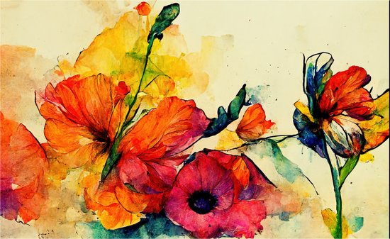 Abstracte aquarel van rode, oranje en paarse bloemen.