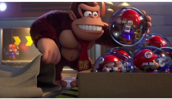 Donkey Kong houdt een kleine Mario in een bubbel vast, met een doos vol Mario's in bubbels.