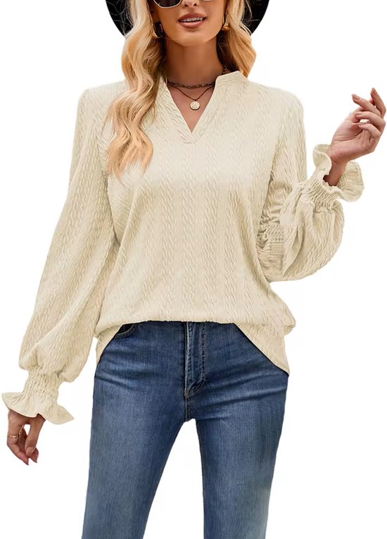 ASTRADAVI Casual Chic - Jacquard Dames V-Hals Blouse - Stijlvolle Top met Geplooide Mouwen - Beige / Small