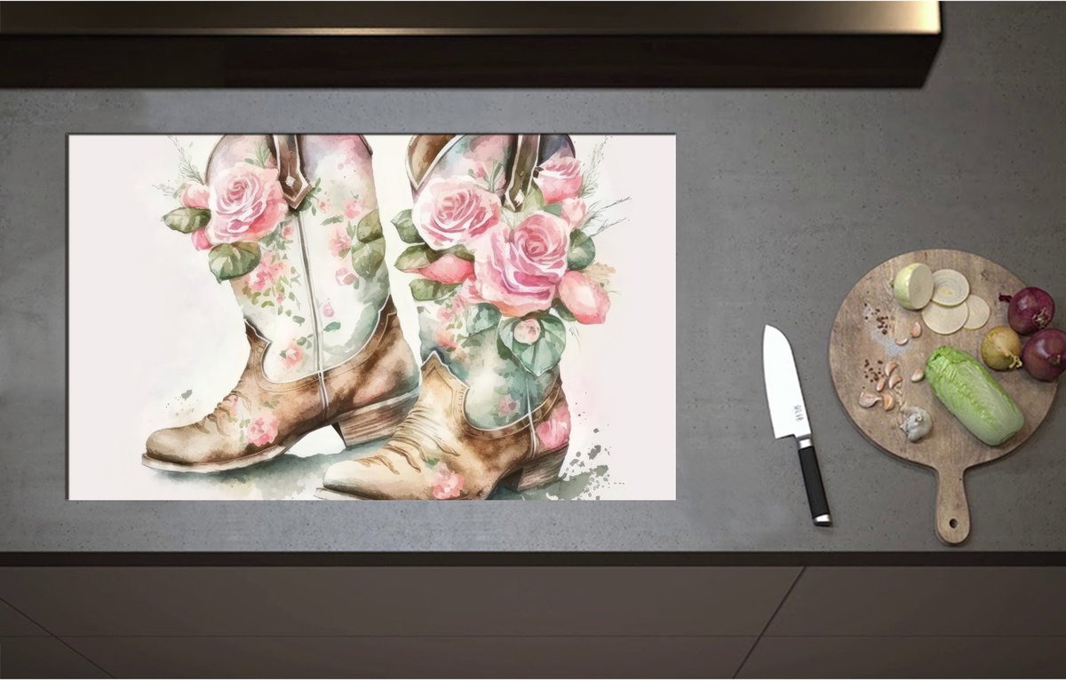 Inductieplaat Beschermer - Acryl Tekening van Cowboy Boots Versierd met Bloemen - 85x52 cm - 2 mm Dik - Inductie Beschermer - Bescherming Inductiekookplaat - Kookplaat Beschermer van Zwart Vinyl