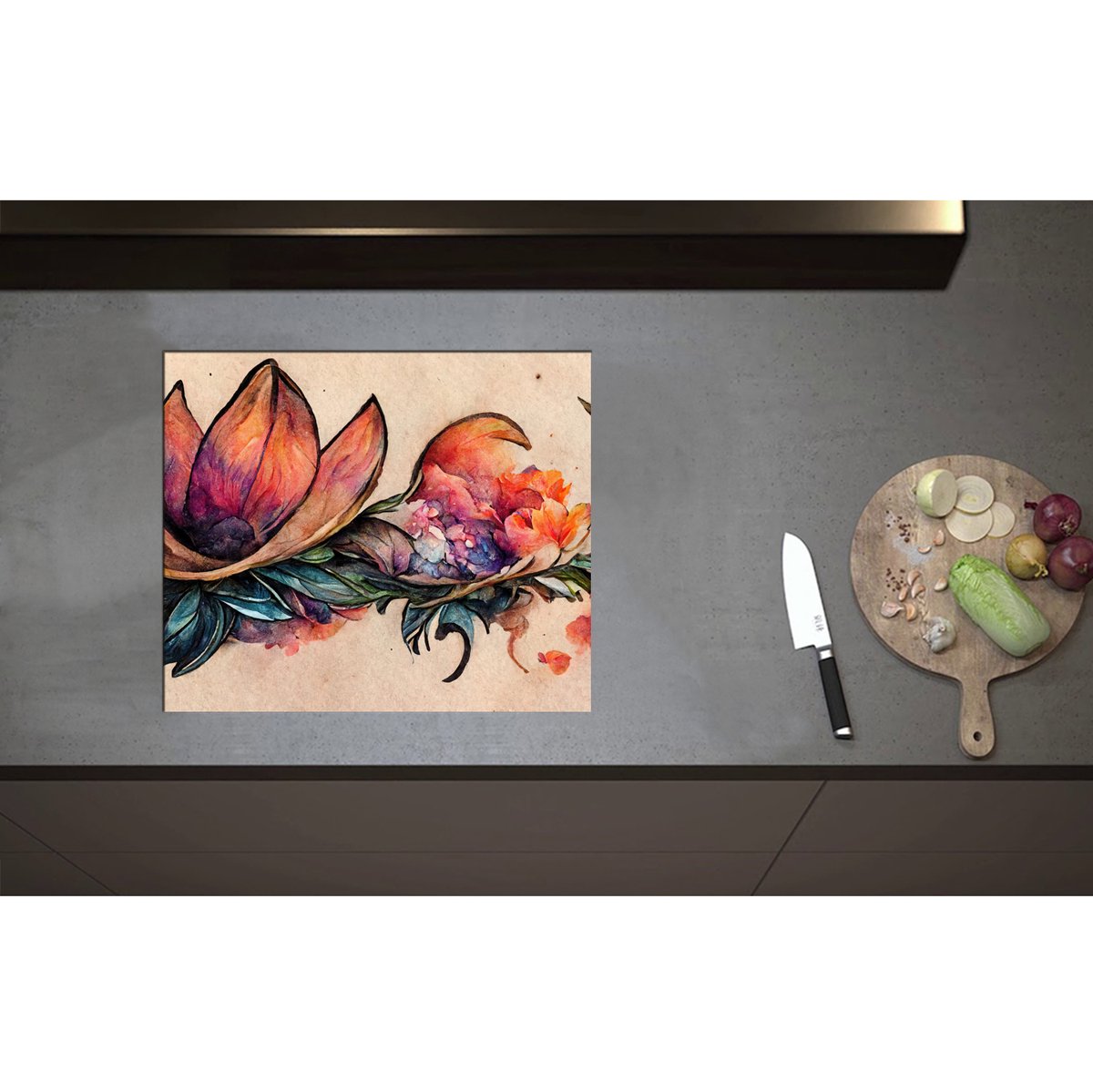 Inductieplaat Beschermer - Aquarel Tekening van Lelie Bloemen - 59x50 cm - 2 mm Dik - Inductie Beschermer - Bescherming Inductiekookplaat - Kookplaat Beschermer van Zwart Vinyl